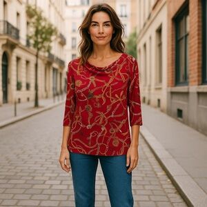 Talbots Women's Petite Red Equestrian Print Draped Neck Blouse S 3/4 Sleeve